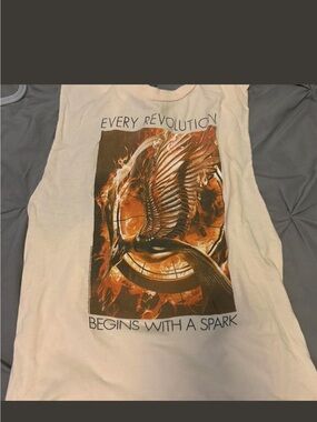 Graphic White Men’s Tank Top with Orange Flaming Mockingjay Print